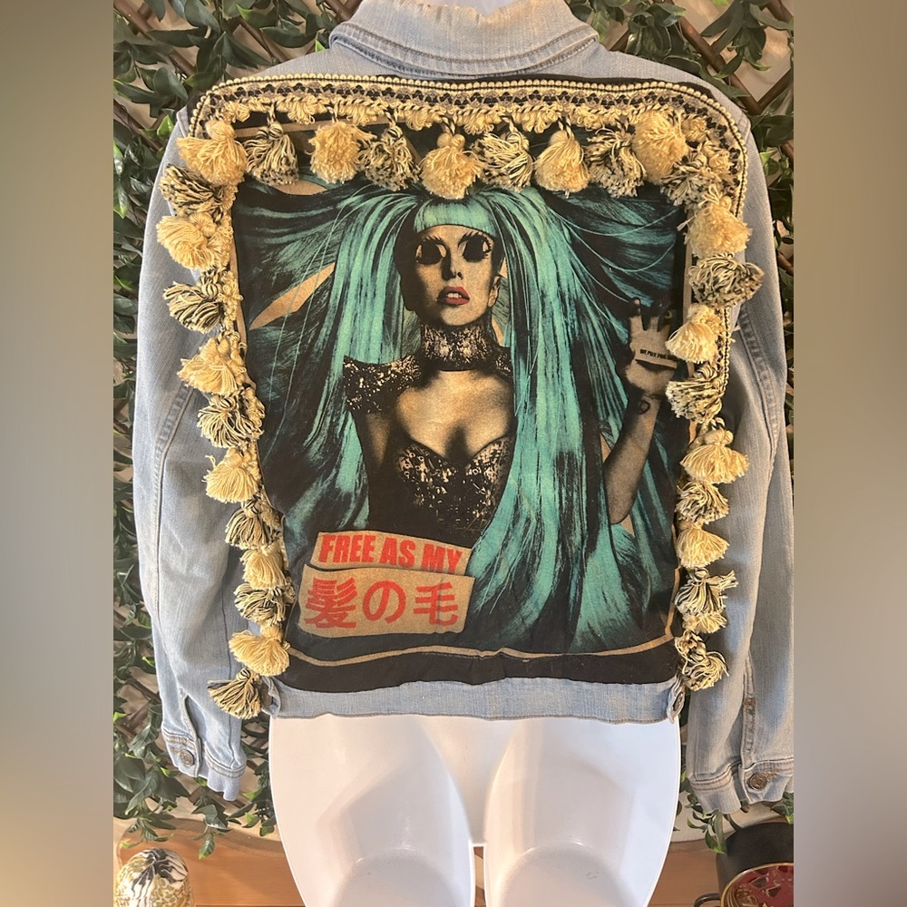 UPCYCLED one of a kind LADY GAGA Music Rocker Denim Jacket